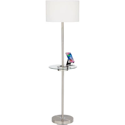 360 Lighting Caper Modern Floor Lamps With Tray Table 60 1/2" Tall Set Of 2 Brushed Nickel USB And Outlet Off White Fabric Drum Shade For Living Room 2 360 Lighting Caper Modern Floor Lamps With Tray Table 60 1/2" Tall Set Of 2 Brushed Nickel USB And Outlet Off White Fabric Drum Shade For Living Room - Image 2