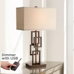 360 Lighting Kory Industrial Table Lamp 29" Tall Bronze Metal With USB Charging Port Rectangular Shade For Bedroom Living Room Bedside Nightstand Kids