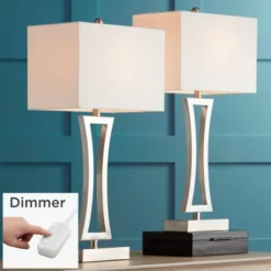 360 Lighting Roxie Modern Table Lamps 31" Tall Set Of 2 Brushed Nickel With Dimmers Off White Fabric Shade For Bedroom Living Room Bedside Nightstand