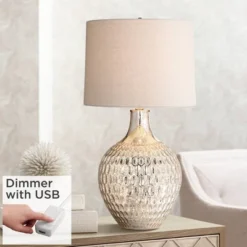 360 Lighting Modern Table Lamp 28" Tall With USB Charging Port Mercury Glass Off White Drum Shade For Bedroom Living Room House Home Bedside Office