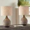 360 Lighting Emma 21" High Small Mid Century Modern Accent Table Lamps Set Of 2 Brown Wood Finish Ceramic Oatmeal Shade Living Room Bedroom Bedside