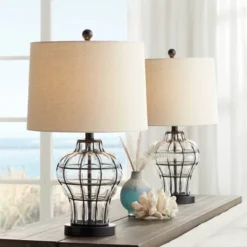 360 Lighting Hudson Rustic Table Lamps 23" High Set Of 2 Dark Bronze Blown Clear Glass Gourd Burlap Fabric Drum Shade For Bedroom Living Room Bedside