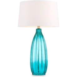 360 Lighting Coastal Table Lamps 30" Tall Set Of 2 Fluted Blue Glass White Drum Shade For Living Room Family Bedroom Bedside Nightstand -360 Lighting GUEST b842fab7 b3ae 4ad6 a95e b29b2e8ee057