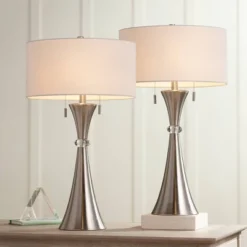 360 Lighting Rachel Modern Table Lamps 28" Tall Set Of 2 Concave Column Hourglass Metal White Drum Shade For Bedroom Living Room Bedside Nightstand