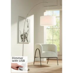 360 Lighting Modern Arc Floor Lamp With USB Charging Port 72" Tall Brushed Nickel White Drum Shade For Living Room Reading House
