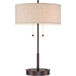 360 Lighting Modern Accent Table Lamp With USB And AC Power Outlet 23 1/2" High Bronze Fabric Drum Shade For Bedroom Living Room House Desk Bedside -360 Lighting GUEST c1e2ee85 24e7 4a2c 84a4 de1275ca7557
