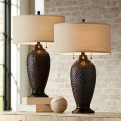 360 Lighting Cody Rustic Farmhouse Table Lamps 26" High Set Of 2 Hammered Oiled Bronze Oatmeal Linen Drum Shade For Bedroom Living Room Bedside House
