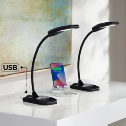 360 Lighting Ricky 13 3/4" High Small Modern Desk Lamps Set Of 2 USB Ports LED Gooseneck Black Home Office Living Room Charging Bedroom Bedside