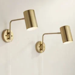 360 Lighting Carla Modern Swing Arm Wall Lamps Set Of 2 Brushed Brass Plug-in Light Fixture Up Down Cylinder Shade For Bedroom Bedside Living Room