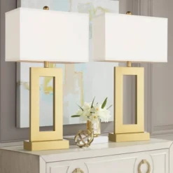 360 Lighting Marshall 30" Tall Open Rectangle Large Modern Luxe End Table Lamps Set Of 2 Gold Finish Metal White Shade Living Room Bedroom Bedside