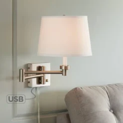 360 Lighting Vero Modern Swing Arm Wall Lamp Brushed Nickel Plug-in Light Fixture With USB Charging Port White Drum Shade For Bedroom Bedside Reading