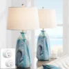 360 Lighting Carlton 28" Tall Modern Table Lamps Set Of 2 WiFi Smart Socket Blue Marble Finish Living Room Bedroom Bedside Nightstand White Shade