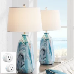360 Lighting Carlton 28" Tall Modern Table Lamps Set Of 2 WiFi Smart Socket Blue Marble Finish Living Room Bedroom Bedside Nightstand White Shade