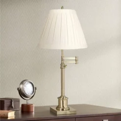 360 Lighting Swing Arm Desk Table Lamp 36" Tall Antique Brass Box Pleated Creme Linen Empire Shade For Living Room Bedroom Office Family