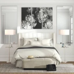 360 Lighting Caper Modern Floor Lamps With Tray Table 60 1/2" Tall Set Of 2 Brushed Nickel USB And Outlet Off White Fabric Drum Shade For Living Room