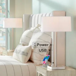 360 Lighting Andre 26 3/4" Tall Mid Century Modern Table Lamps Set Of 2 USB Port AC Power Outlet Silver Finish Metal White Shade Living Room Charging