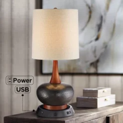 360 Lighting Andi Modern Mid Century Table Lamp 24 1/2" High Hammered Brown Red With Dimmable USB Workstation Base Off White Shade For Bedroom Desk