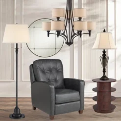 360 Lighting Spenser Rustic Farmhouse Floor Lamp 58" Tall Oiled Bronze Metal Off White Linen Empire Shade For Living Room Bedroom Office House Home -360 Lighting GUEST d4cd80f6 511a 4302 ad5e f5d90ee958aa