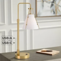 360 Lighting Brynn 25 1/2" High Industrial Desk Lamp Dual USB Port Gold Brass Finish Metal Single White Cone Shade Home Office Living Room Charging