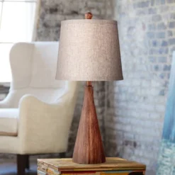 360 Lighting Fraiser 23 1/2" High Cone Small Mid Century Modern Accent Table Lamps Set Of 2 Brown Wood Finish Living Room Bedroom Oatmeal Shade -360 Lighting GUEST db6a15bc 5379 483b 9e3e ce9fe965706f