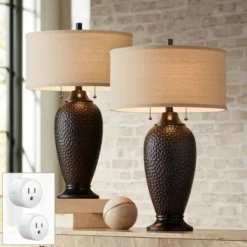 360 Lighting Cody 26" High Industrial Farmhouse Rustic Table Lamps Set Of 2 WiFi Smart Socket Pull Chain Oiled Bronze Finish Living Room Oatmeal Shade
