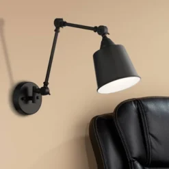 360 Lighting Mendes Modern Industrial Swing Arm Wall Lamp Black Hardwired Light Fixture Adjustable Metal Shade For Bedroom Bedside Reading Living Room