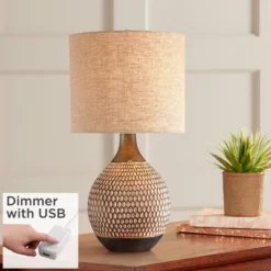 360 Lighting Mid-Century Modern Accent Table Lamp With USB Charging Port 21" High Wood Brown Ceramic Oatmeal Drum Shade Living Room Desk Bedroom