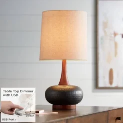 360 Lighting Mid-Century Modern Table Lamp With USB Charging Port 24.5" High Brown Ceramic Off-White Cylinder Shade Bedroom House (Color May Vary)