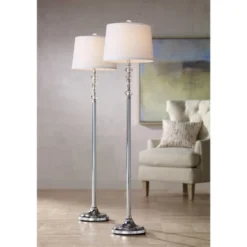 360 Lighting Montrose Modern Floor Lamps 61" Tall Set Of 2 Polished Steel Crystal Glass White Fabric Drum Shade For Living Room Bedroom Office House