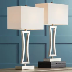 360 Lighting Roxie Modern Table Lamps 31" Tall Set Of 2 Brushed Nickel Metal Off White Fabric Rectangular Shade For Bedroom Living Room Bedside Office